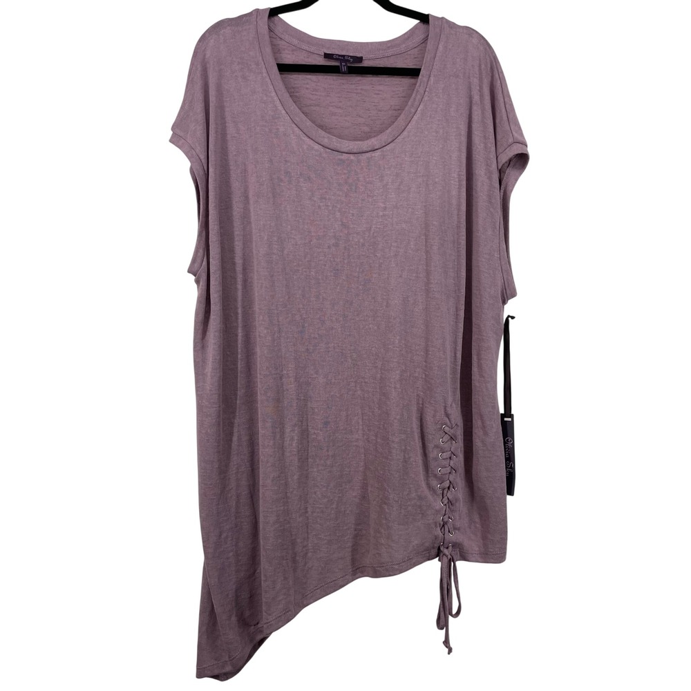 Olivia Sky Plus Size 3X Mauve Lace Up Asymmetrical Hem Short Sleeve Top‎